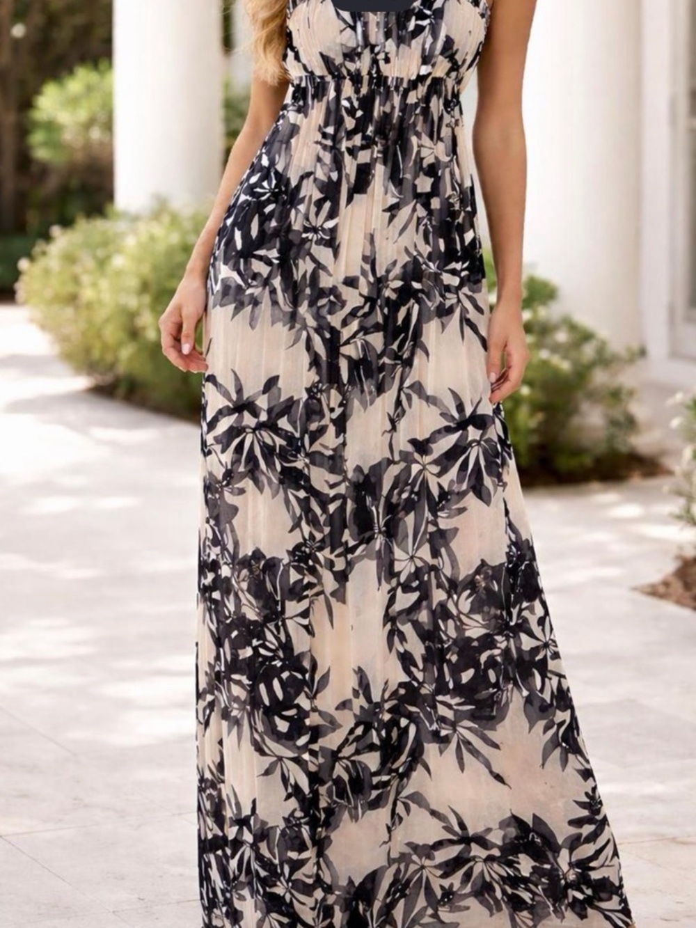 BCBG Paris Beige and Black Floral Maxi Dress with Spaghetti Straps